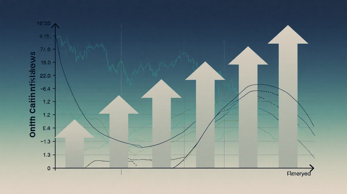 Cryptocurrency graph shows rising arrows with blue-green gradient background and price movement traces
