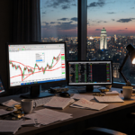 Cryptocurrency trading desk showing a falling stock graph with red lines and a dusk cityscape through the window