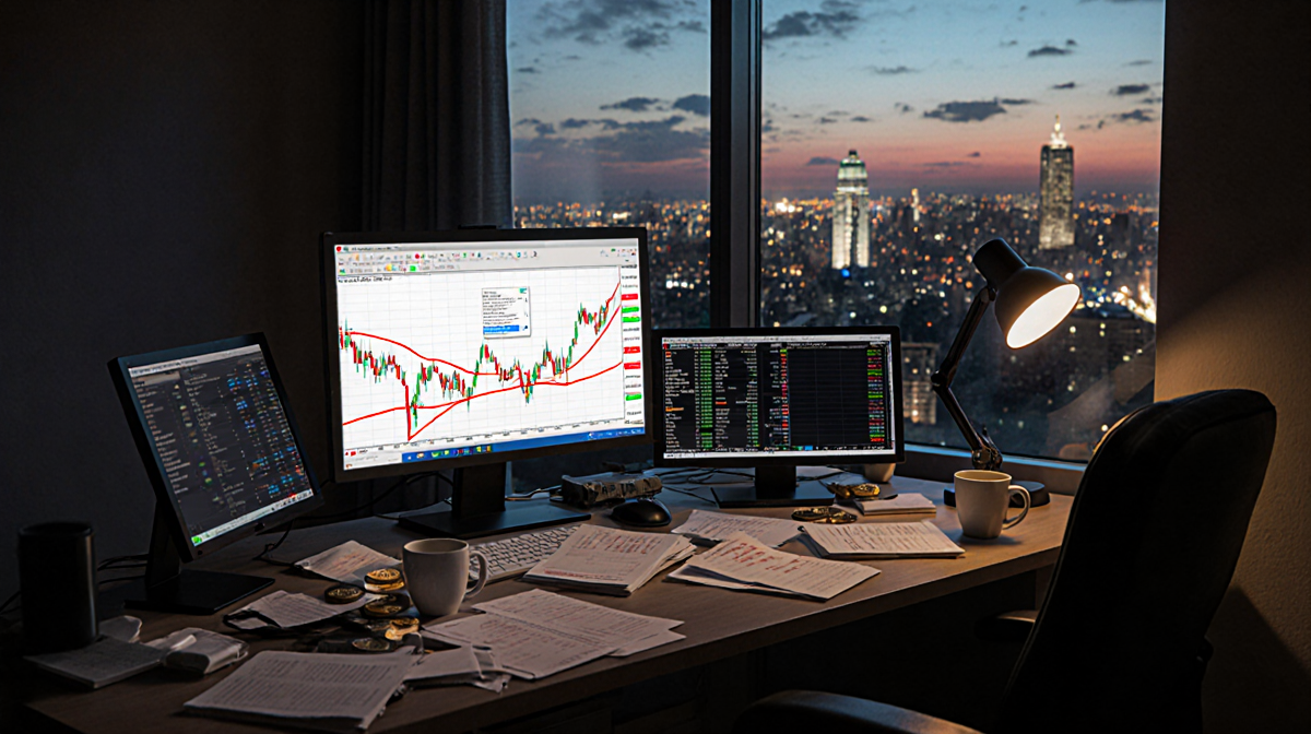 Cryptocurrency trading desk showing a falling stock graph with red lines and a dusk cityscape through the window