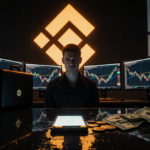 Lone figure standing behind screens with crypto charts smartphone on floor with Binance logo behind.