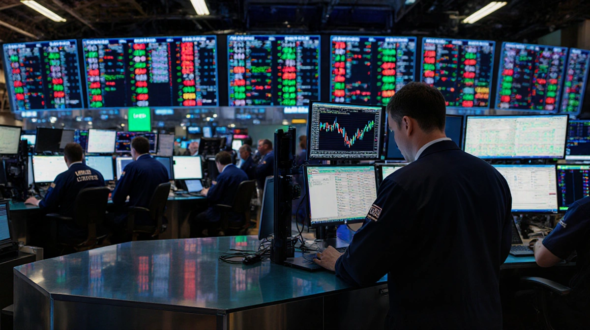 Trader studying cryptocurrency charts on screen with neon lights reflecting off trading floor and laptops
