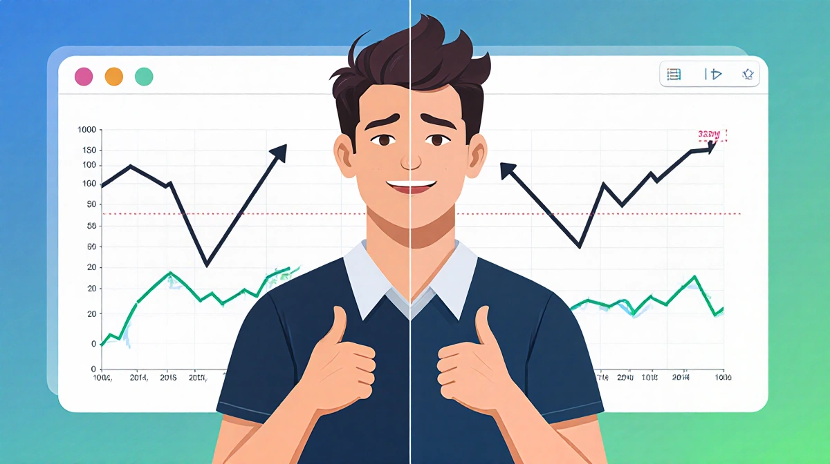 CryptoPulse trader standing confidently with split screen showing bullish and bearish crypto trends with blue green gradient 