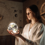 Woman cradles crystal ball with celestial glow and astrological symbols in the backdrop.