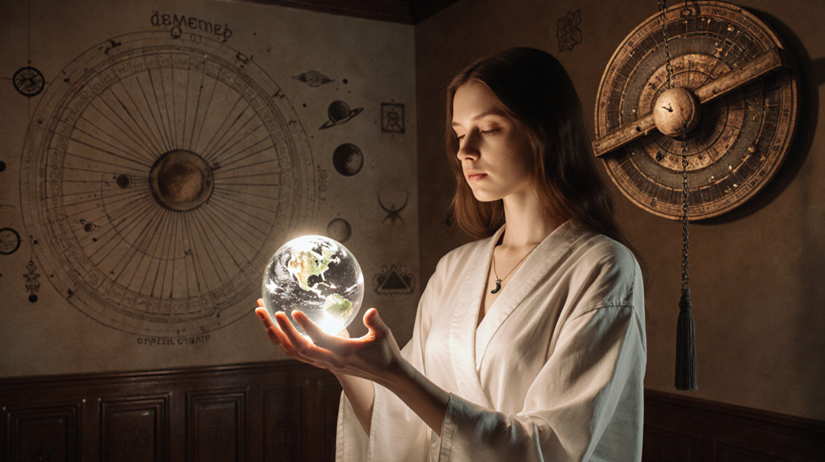 Woman cradles crystal ball with celestial glow and astrological symbols in the backdrop.