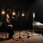 Crystal Gayle sits alone with microphone and IV pole in empty concert venue showing resilience