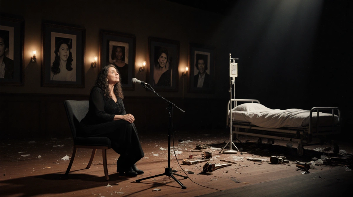 Crystal Gayle sits alone with microphone and IV pole in empty concert venue showing resilience
