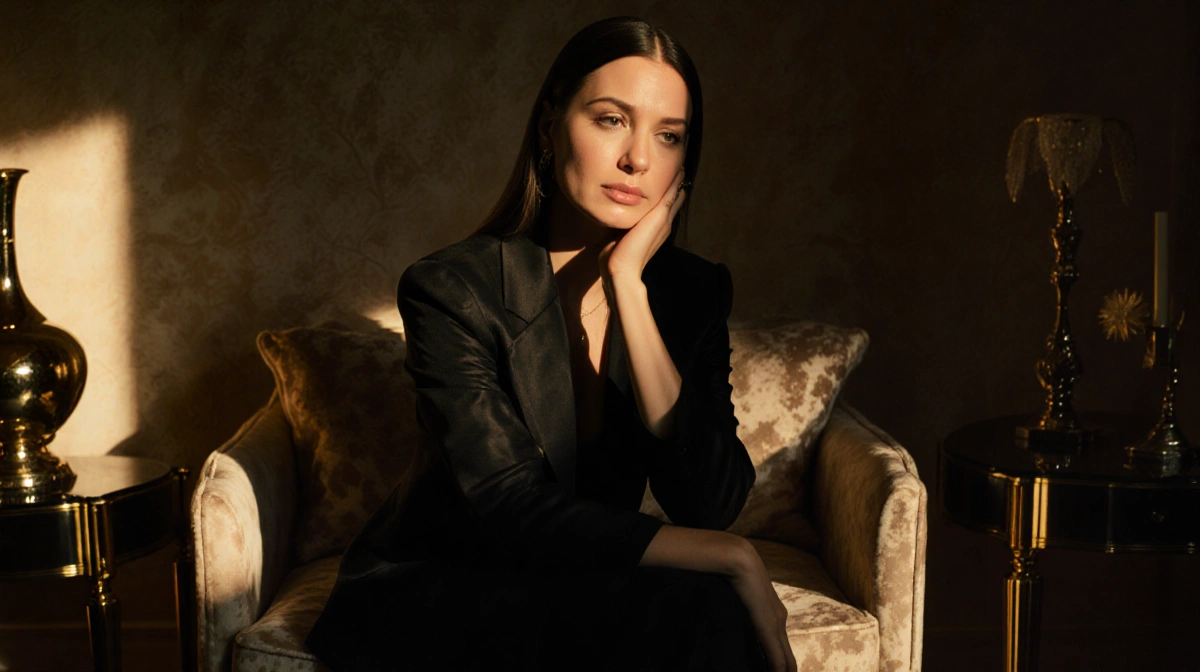 Crystal Minkoff sits alone in dimly lit Beverly Hills room with golden light and opulent furniture