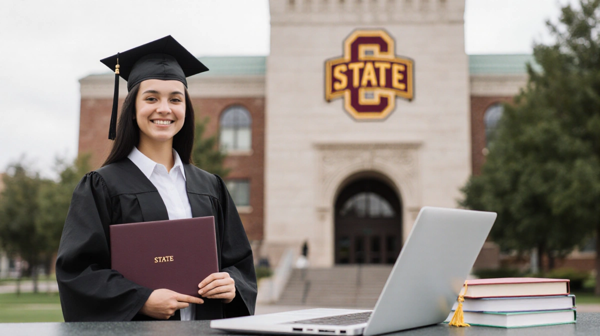 Graduate student holding diploma in front of Colorado State University building with laptop and books in foreground