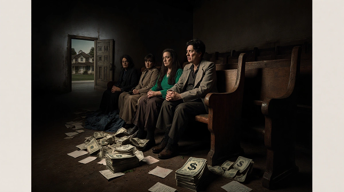 Cult members sit together on worn pews with unpaid bills and locked house image showing financial pressure