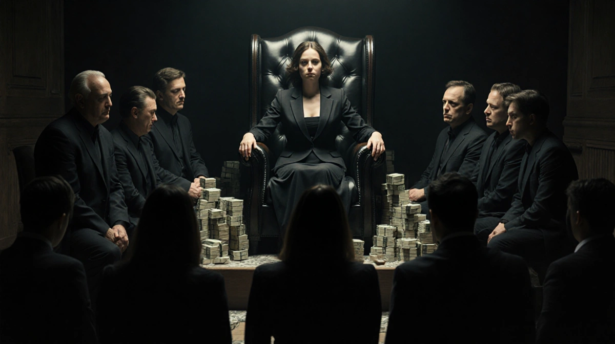 Cult leader sits on throne with followers bowing and cash stacks showing financial control