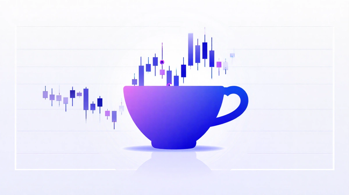 Financial chart showing cup and handle pattern with bullish candlesticks forming inside the rounded cup shape