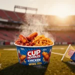 Steaming Cup Noodles with chicken wing flavors on football field with golden sunset light and football helmet