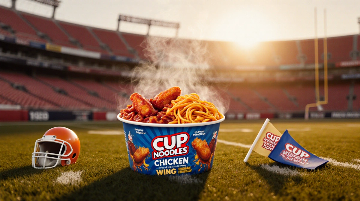 Steaming Cup Noodles with chicken wing flavors on football field with golden sunset light and football helmet