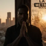 Curren Price standing with hands clasped before a blurred LA cityscape at sunset with a looming dark shadow behind him.