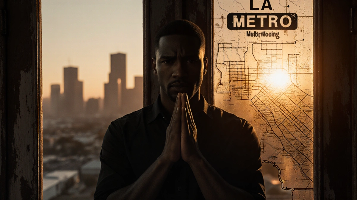 Curren Price standing with hands clasped before a blurred LA cityscape at sunset with a looming dark shadow behind him.