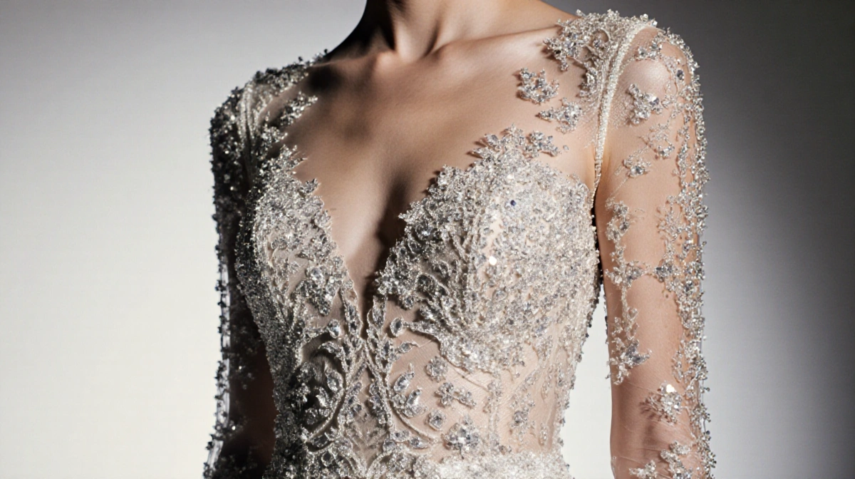 Custom gown glimmers with hand embroidery and 330000 crystals showing intricate beadwork detail