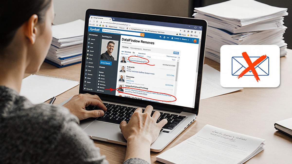Person highlighting a data removal link on laptop screen with people finder site and phone notification showing a red X.