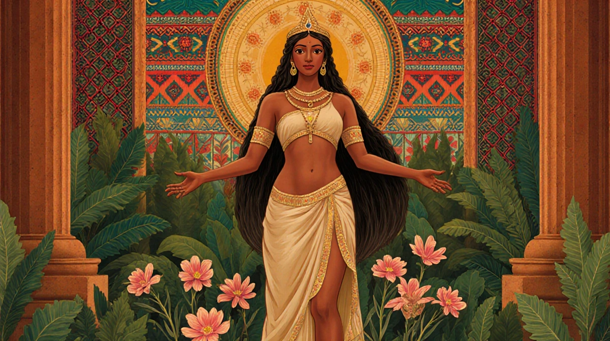 Cybele stands with flowing robes among Cuban textiles and tropical flowers with Spanish colonial architecture behind her