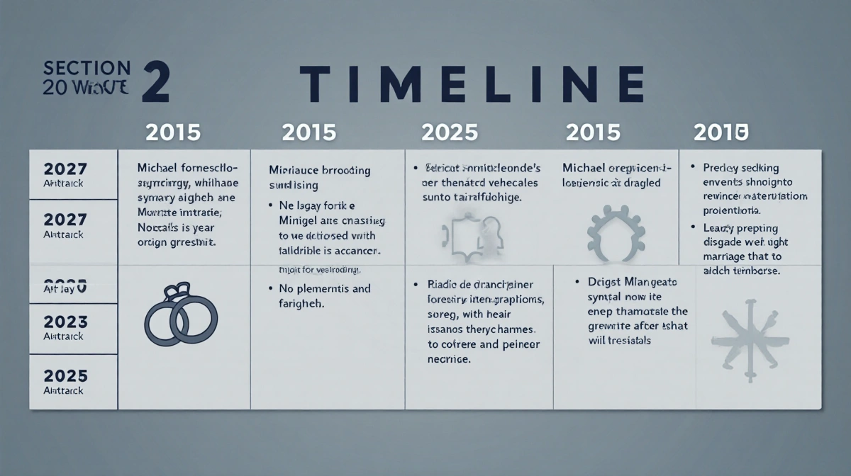 Timeline chart showing key events from 2015 to 2025 with wedding ring and divorce symbols marking major life changes