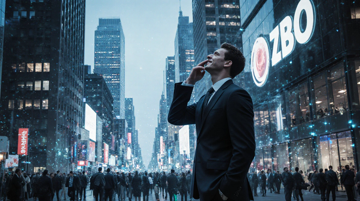 Business executive checking phone with glowing data streams and towering corporate logos overhead