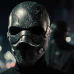 Futuristic cyberpunk mask glows with neon circuitry and duck-billed microphone against night city backdrop