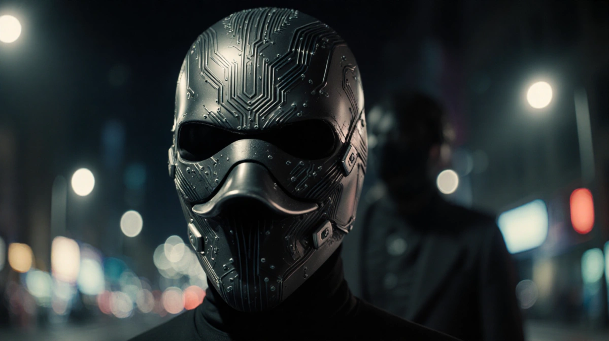 Futuristic cyberpunk mask glows with neon circuitry and duck-billed microphone against night city backdrop