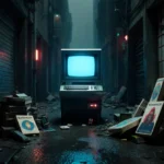 Sleek computer terminal glowing blue with vintage hardware and Neuromancer book covers scattered on wet pavement