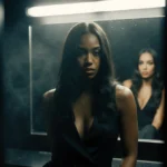 D. Woods sits at dressing room vanity with spotlight shining down and Cassie