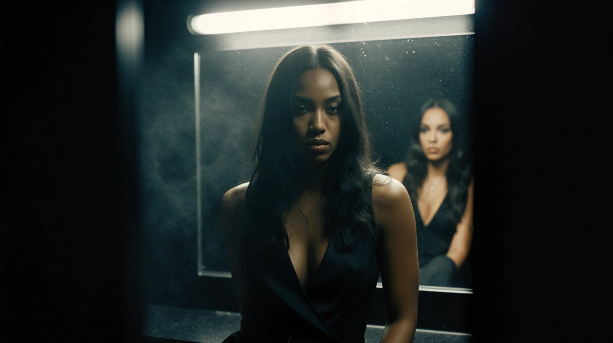 D. Woods sits at dressing room vanity with spotlight shining down and Cassie