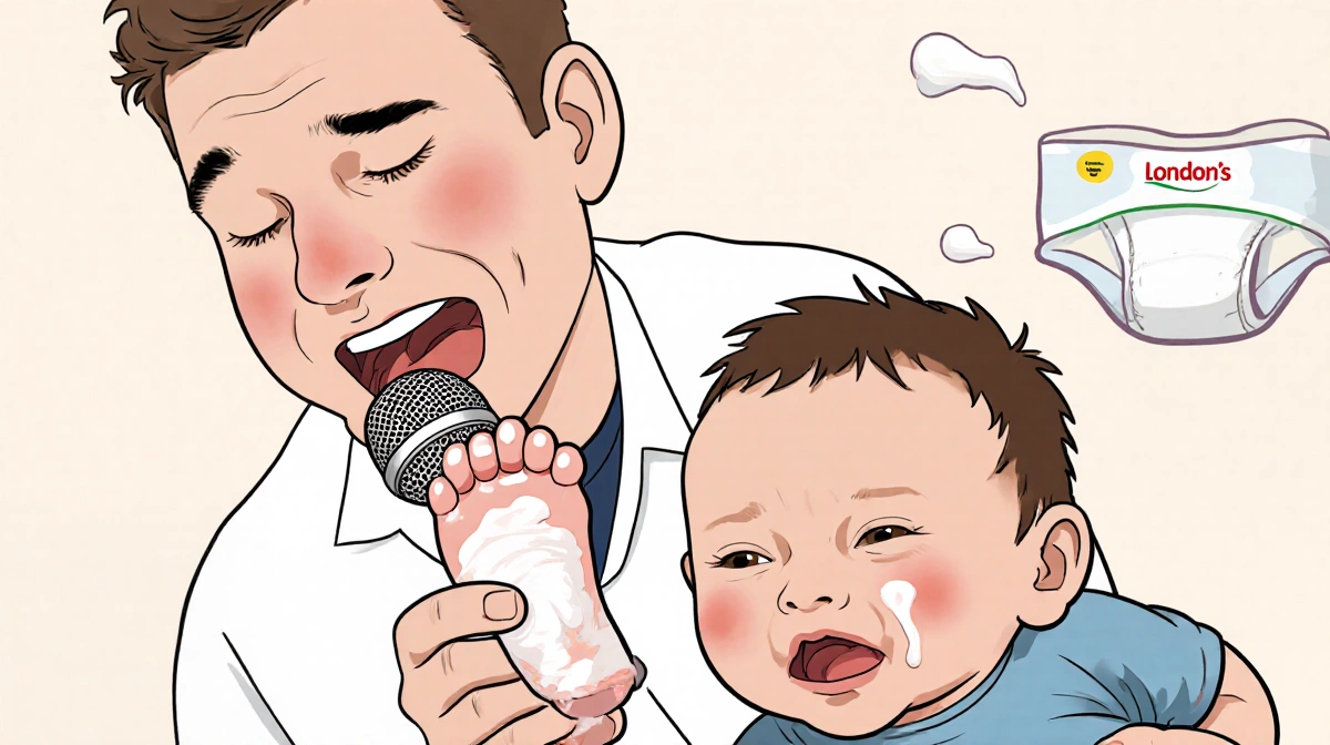 Dad singing into baby's foot as microphone with diaper and cream visible showing joyful bonding moment