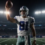Dak Prescott standing on a football field at night holding a glowing football with Cowboys lights behind and a Giants silhoue