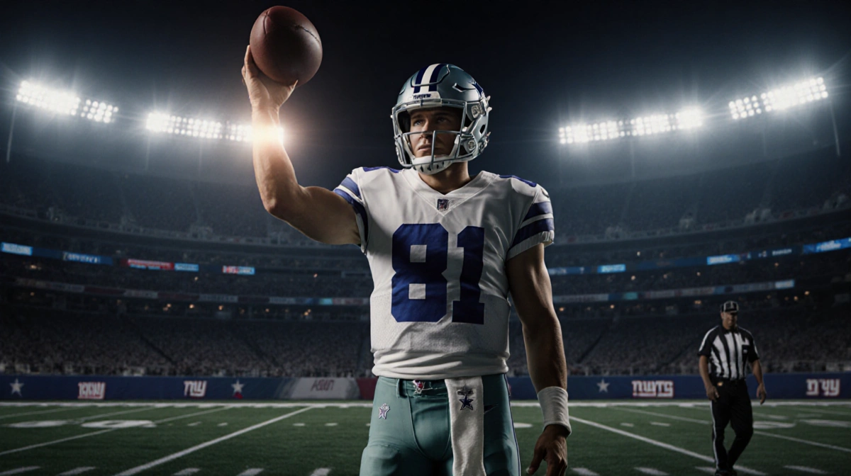 Dak Prescott standing on a football field at night holding a glowing football with Cowboys lights behind and a Giants silhoue