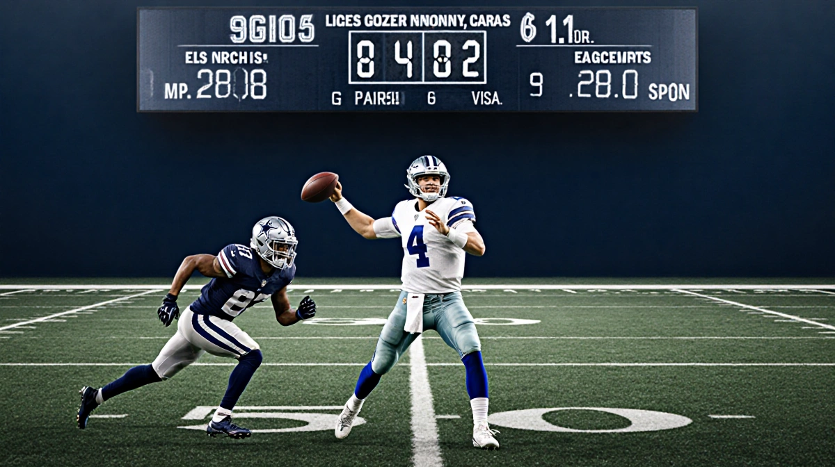 Dak Prescott throwing a pass with a sprinting receiver down the field and a scoreboard showing 4,482 yards