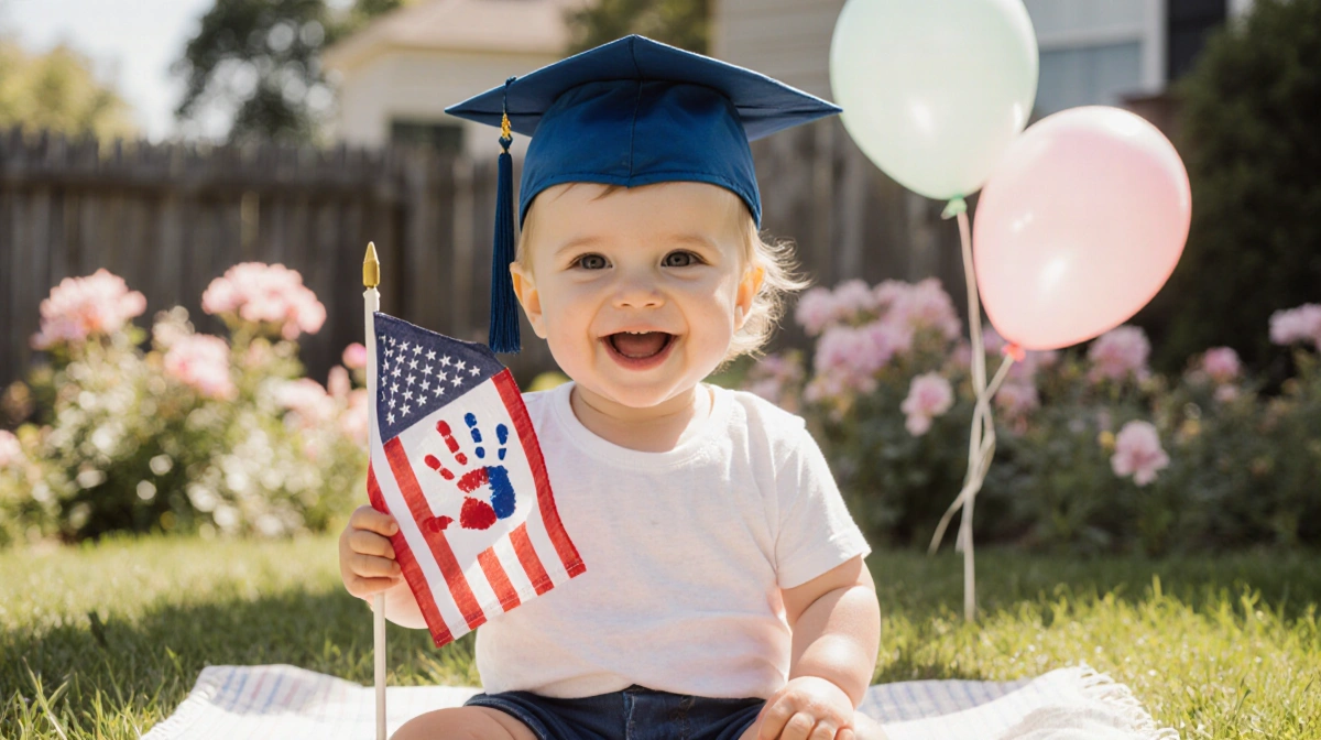 Toddler Dakota Brinkman sits in sunny backyard with balloons and flowers while holding American flag with handprint