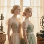 Dakota and Elle Fanning pose together with vintage film cameras and Hollywood glamour showing their twin bond