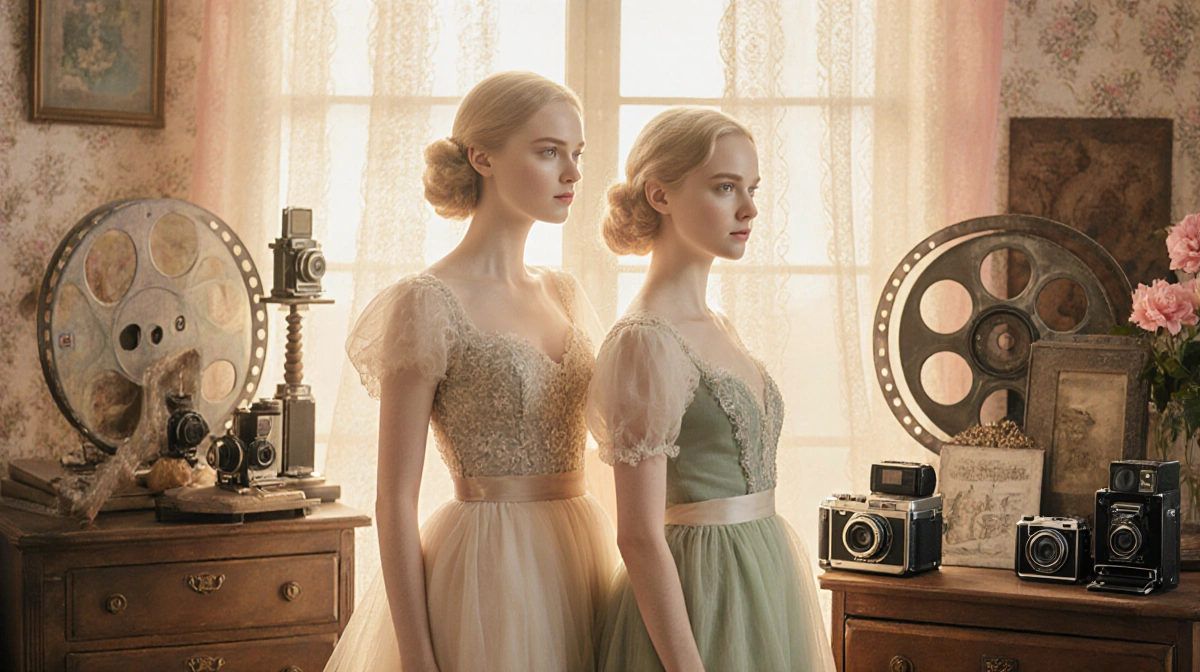 Dakota and Elle Fanning pose together with vintage film cameras and Hollywood glamour showing their twin bond