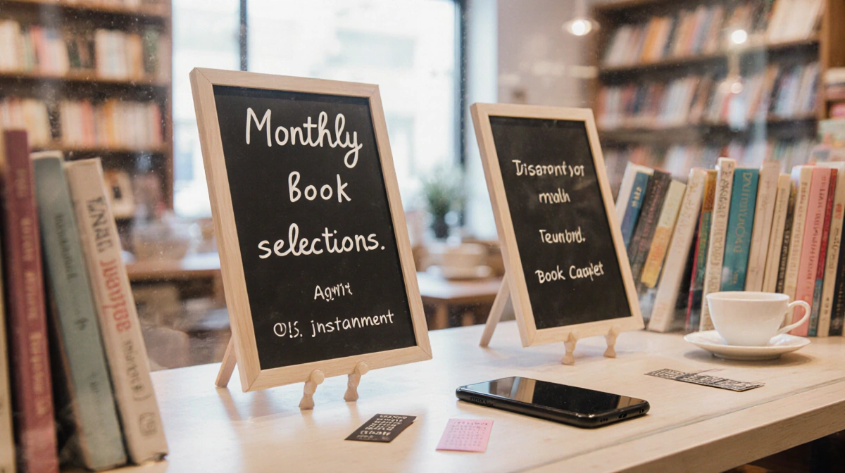 Instagram announcement board shows monthly book club selection with pastel books and smartphone displaying the post in cozy b