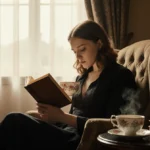Dakota Johnson reading leather book with steaming tea and vintage decor in sunlit living room