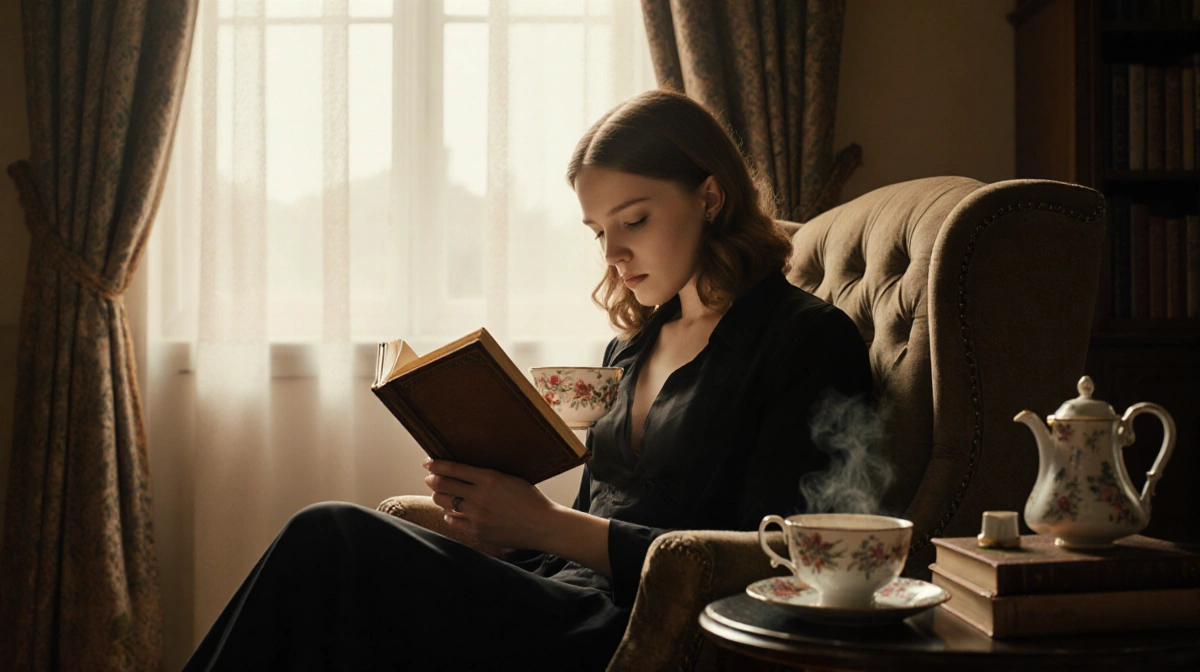 Dakota Johnson reading leather book with steaming tea and vintage decor in sunlit living room