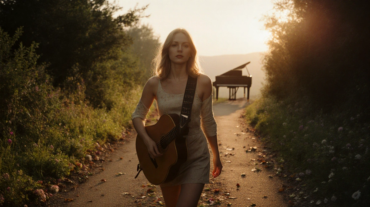 Dakota Johnson walks with guitar at sunset on a scenic path with lush greenery and distant piano silhouette