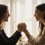 Dakota Johnson and Role Model holding hands across dinner table with soft natural light from window