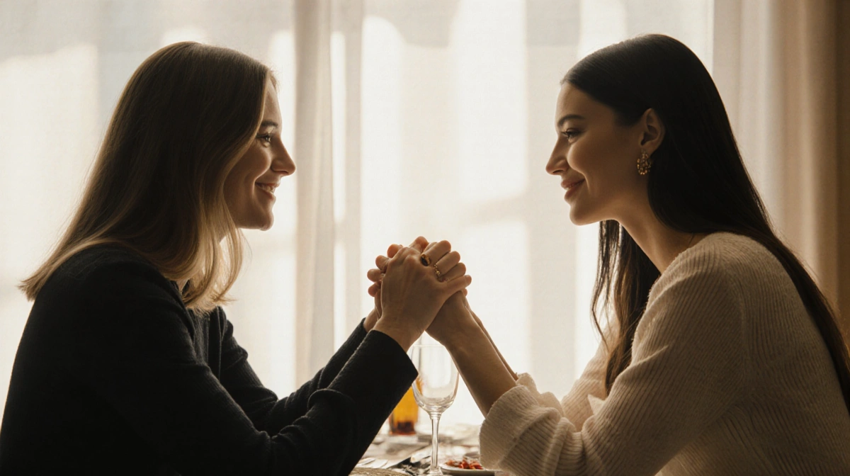 Dakota Johnson and Role Model holding hands across dinner table with soft natural light from window