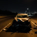 Crashed car sits on dark freeway with twisted metal and shattered glass lit by golden light