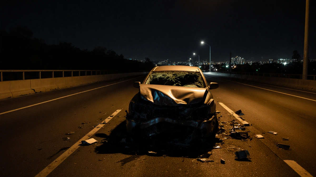 Crashed car sits on dark freeway with twisted metal and shattered glass lit by golden light