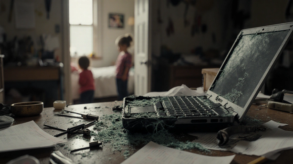 Cracked laptop sits on cluttered desk with papers and tools showing chaos
