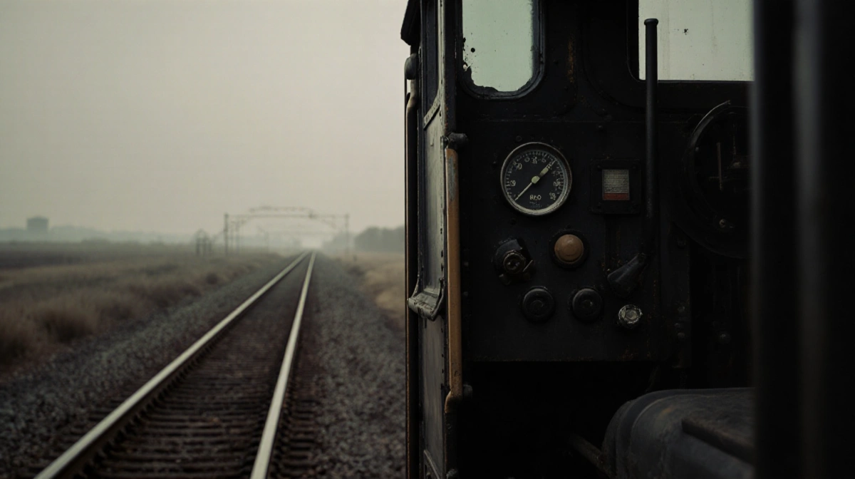 Damaged train control panel with faded tracks stretching into distance showing mysterious disrepair