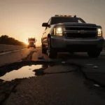 Damaged vehicle sits stranded on a freeway onramp with a large pothole and a tow truck approaching under a sunrise.