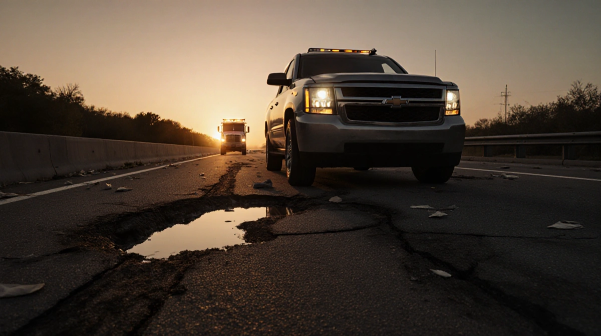 Damaged vehicle sits stranded on a freeway onramp with a large pothole and a tow truck approaching under a sunrise.