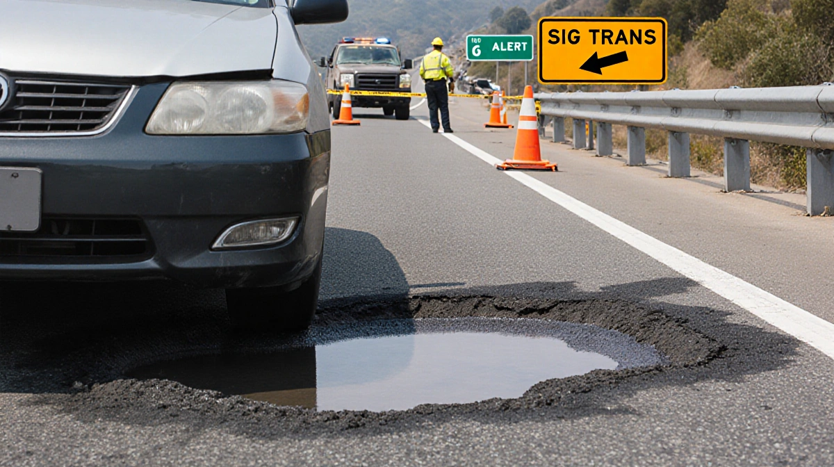 Damaged vehicle's front bumper blocked by pothole with patrol sign pointing to onramp.