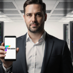 Dan Romero stands confidently with Farcaster phone showing bright logo in a futuristic server room